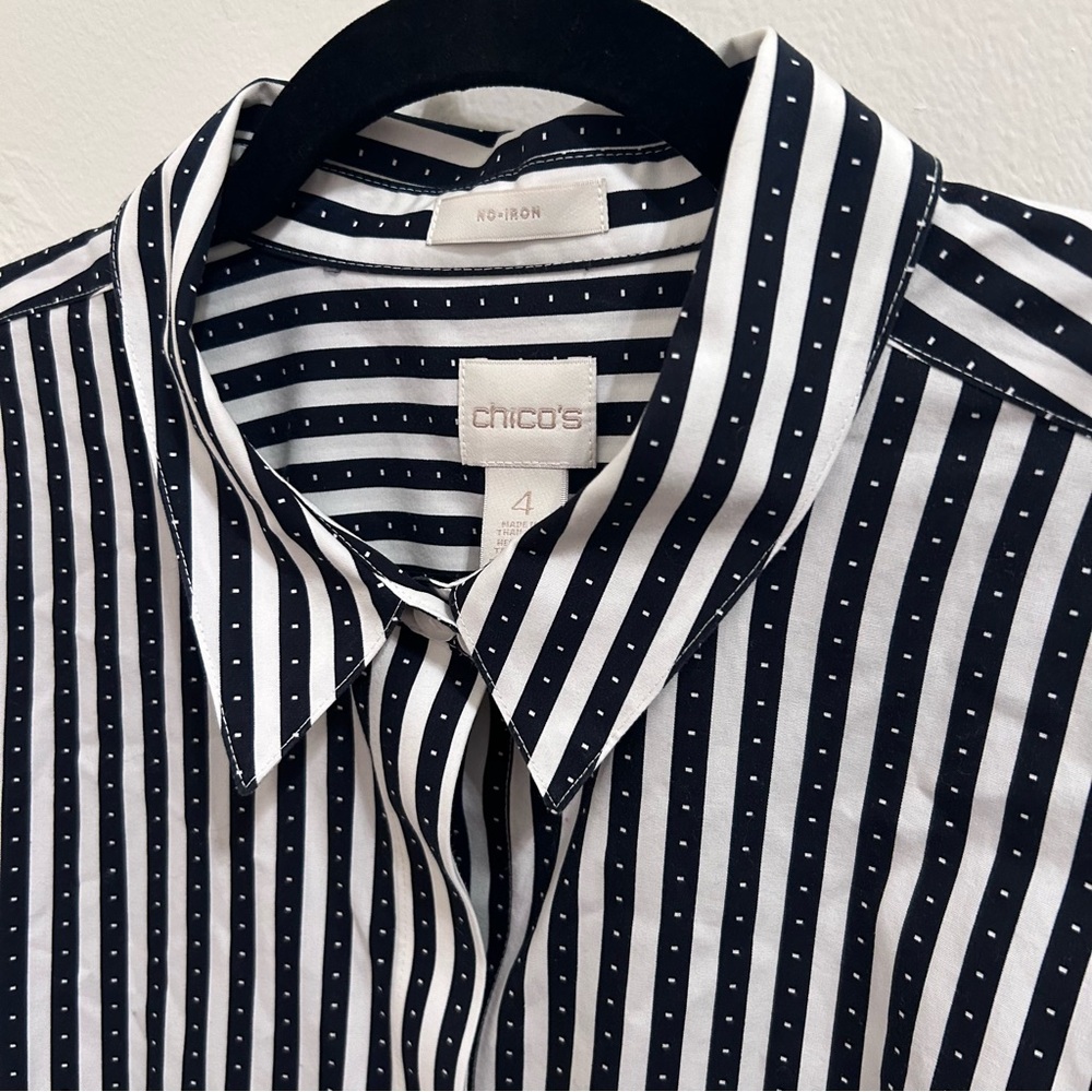 Chico’s 3/4 Sleeve Black White Stripe Dot Oxford Button Shirt Top Sz 4 XXL - Picture 7 of 7